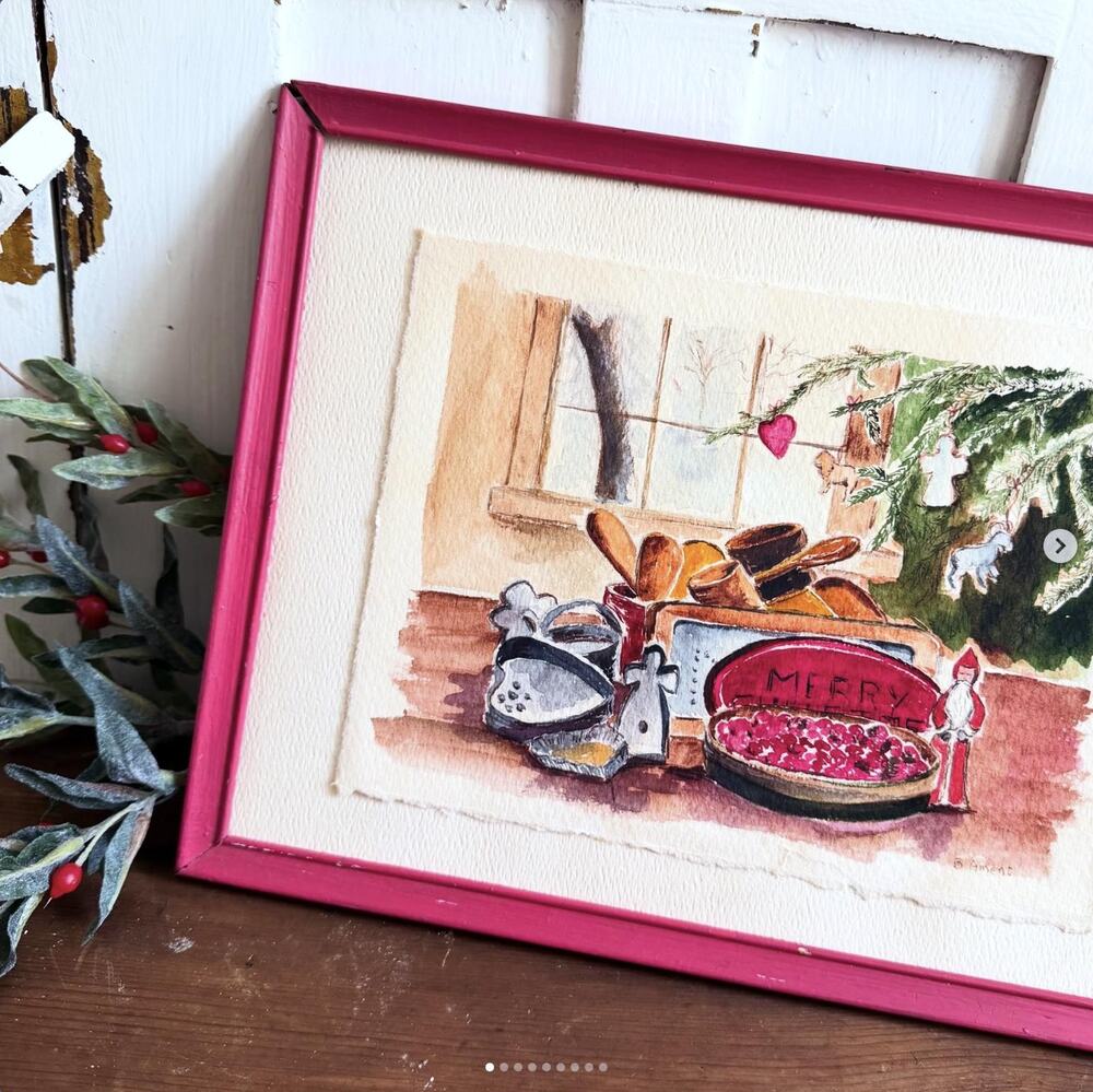 Vintage Signed Watercolor Painting Christmas Scene Santa Cookie Cutters No Glass
